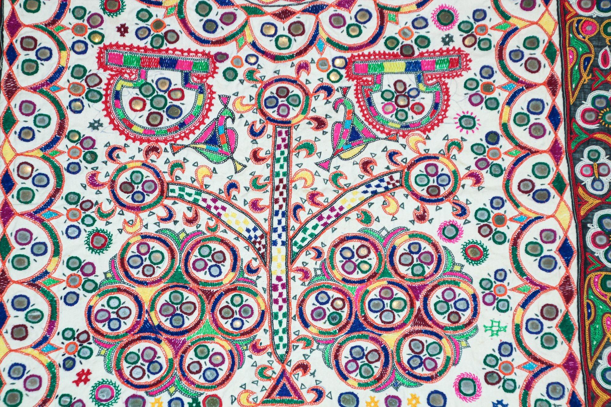 1920's Indian Gujarati Rabari Kutch Silk Embroidered Ethnic Textile with Mirror For Sale 8