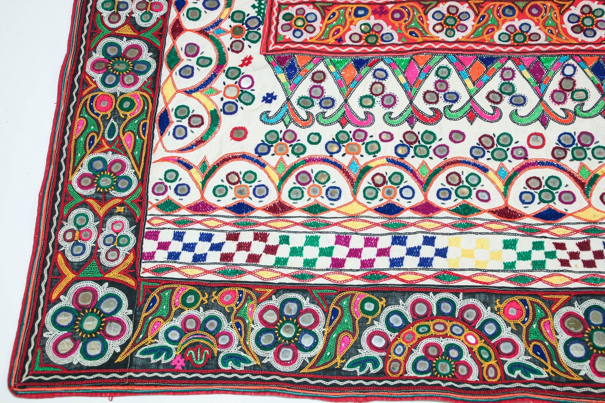 1920's Indian Gujarati Rabari Kutch Silk Embroidered Ethnic Textile with Mirror For Sale 9