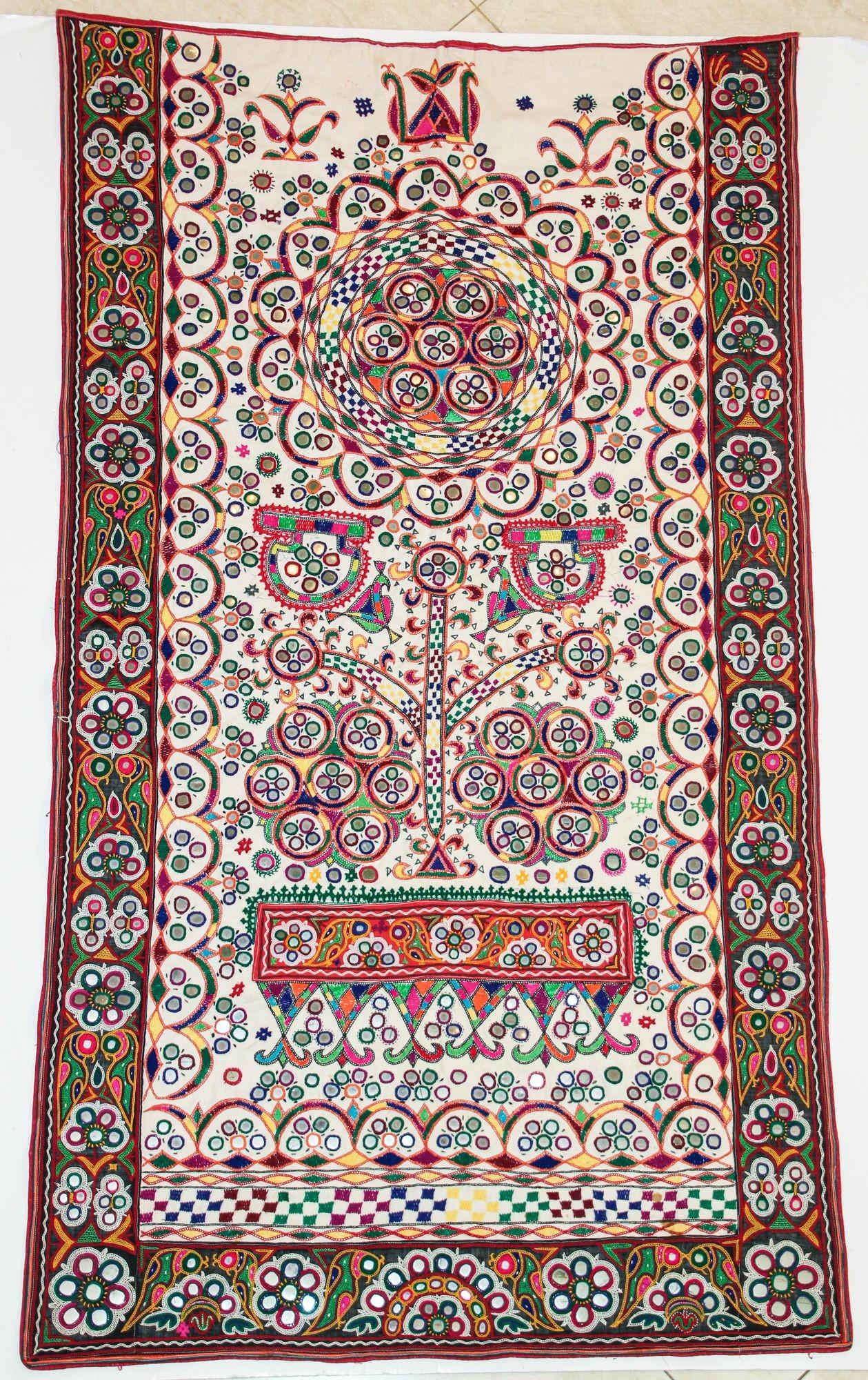 1920's Indian Gujarati Rabari Kutch Silk Embroidered Ethnic Textile with Mirror For Sale 11
