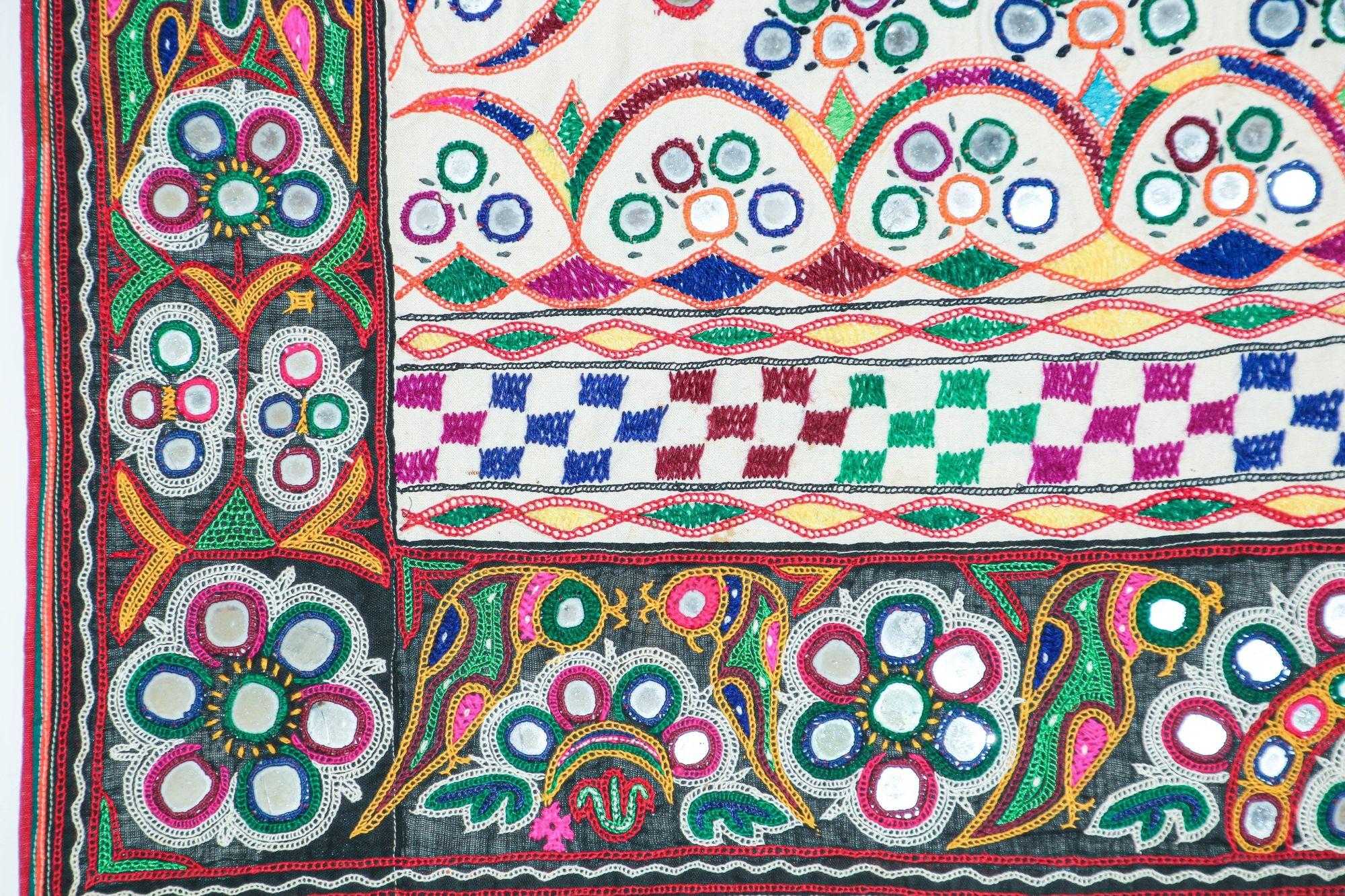 Hand-Crafted 1920's Indian Gujarati Rabari Kutch Silk Embroidered Ethnic Textile with Mirror For Sale