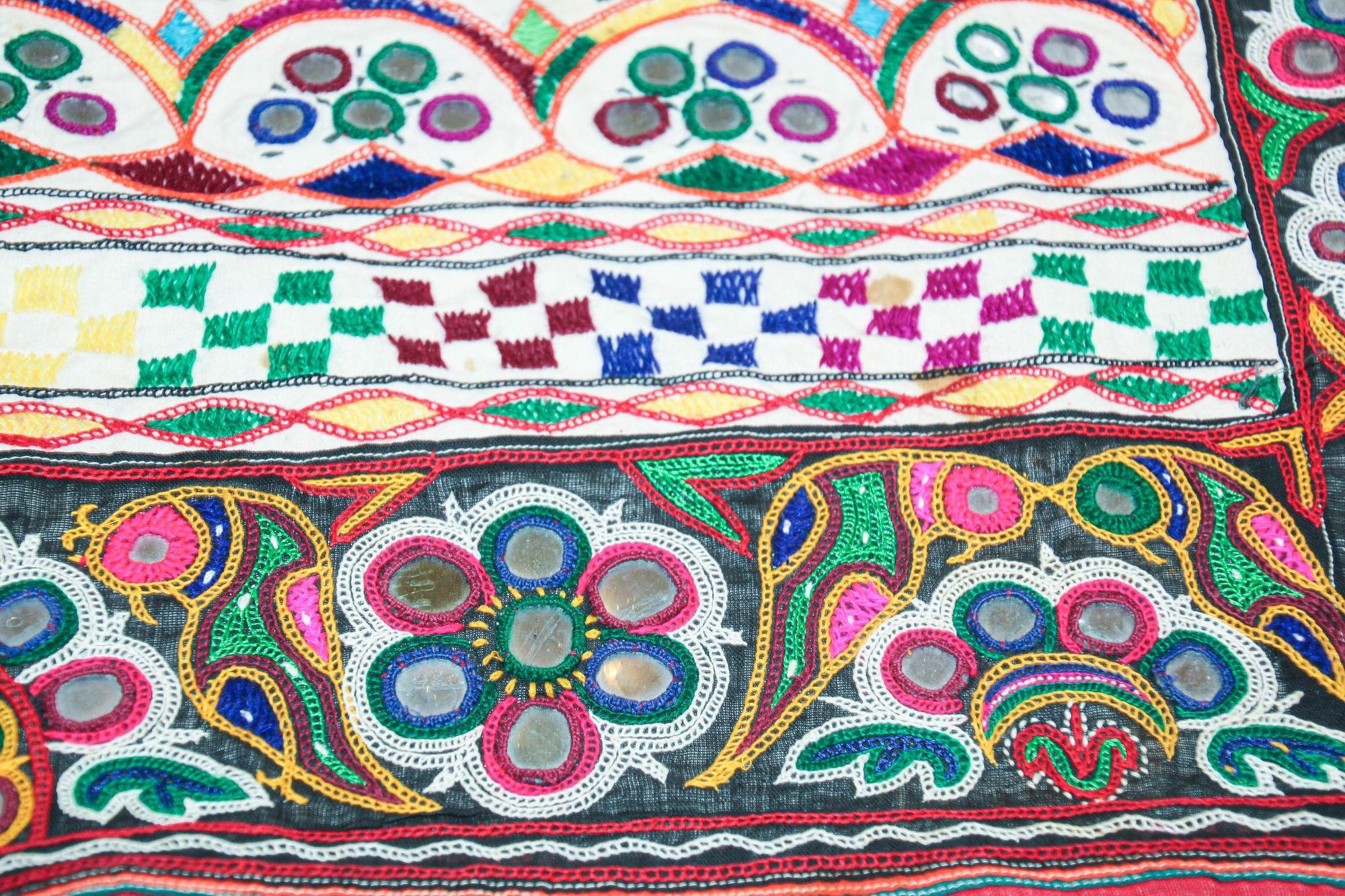 Cotton 1920's Indian Gujarati Rabari Kutch Silk Embroidered Ethnic Textile with Mirror For Sale