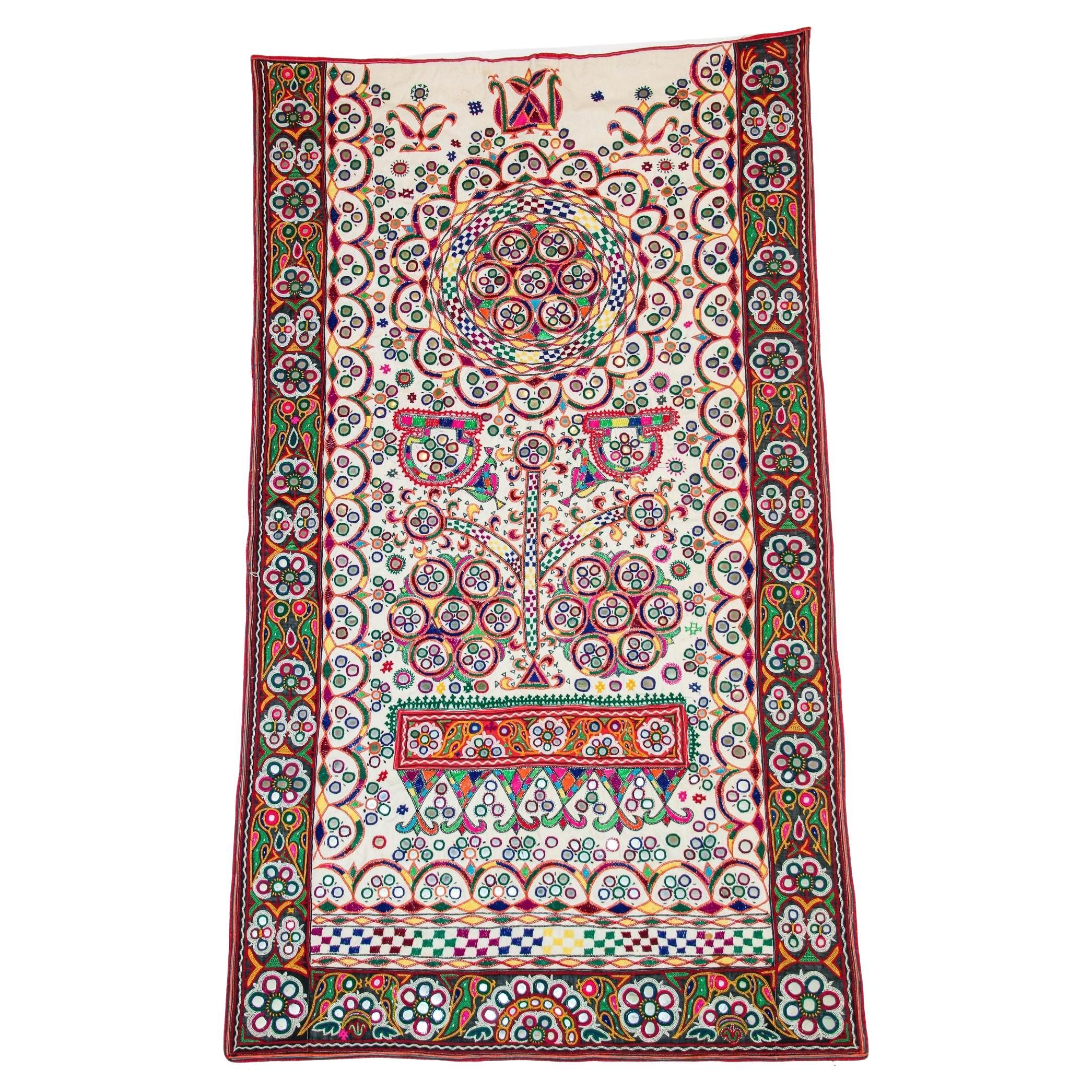 1920's Indian Gujarati Rabari Kutch Silk Embroidered Ethnic Textile with Mirror For Sale