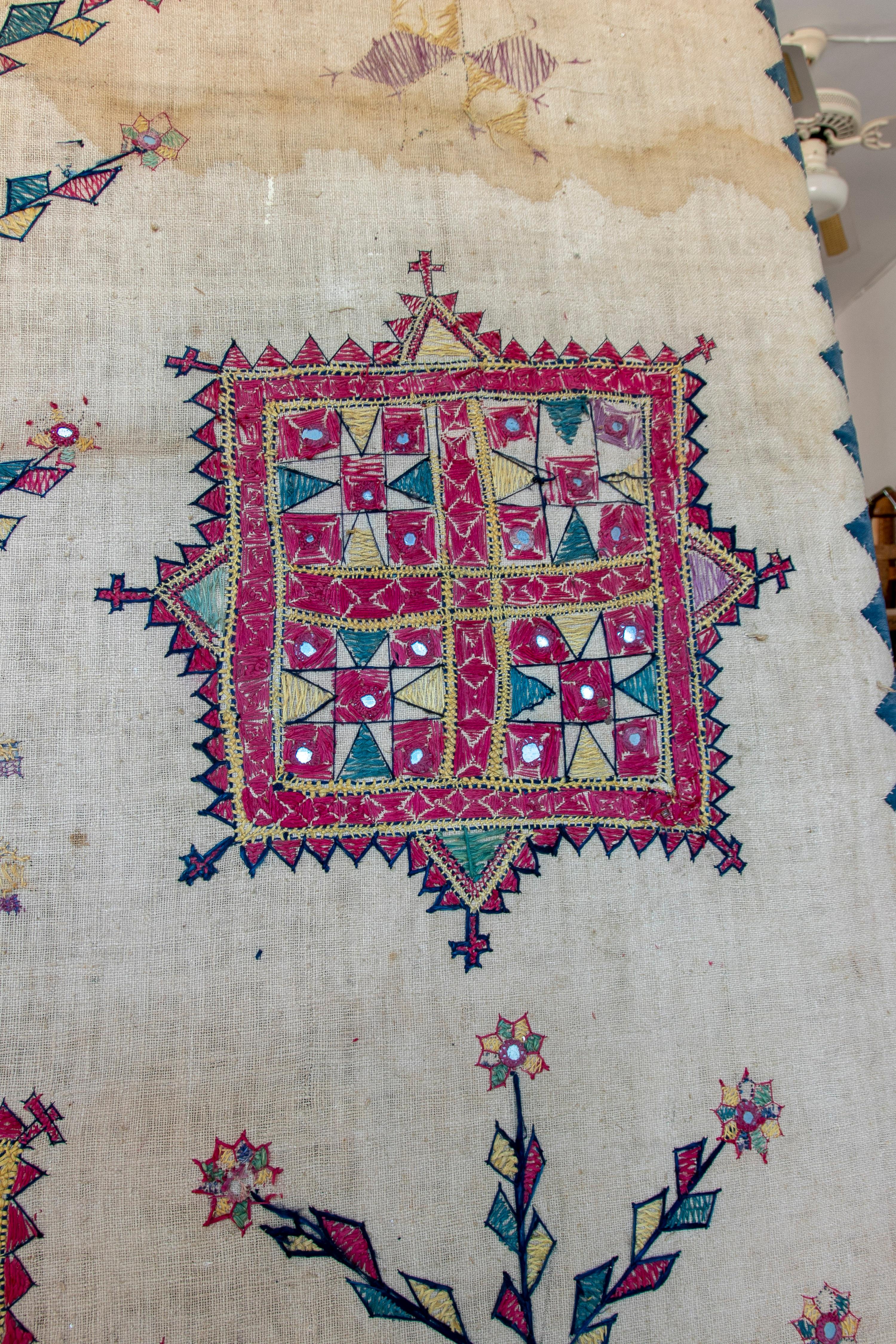 1920s Indian Hand Embroidered Silk Tapestry w/ Geometric Pattern & Wooden Frame For Sale 7