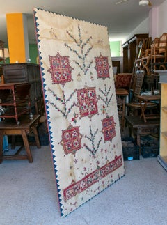 1920s Indian Hand Embroidered Silk Tapestry w/ Geometric Pattern & Wooden Frame