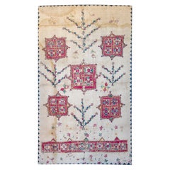 1920s Indian Hand Embroidered Silk Tapestry w/ Geometric Pattern & Wooden Frame