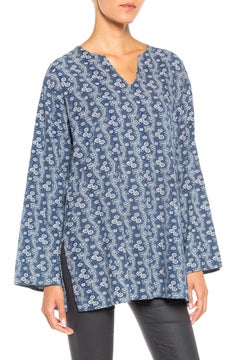 1920S Indigo Blue & White Organic Cotton Floral Print Tunic Top