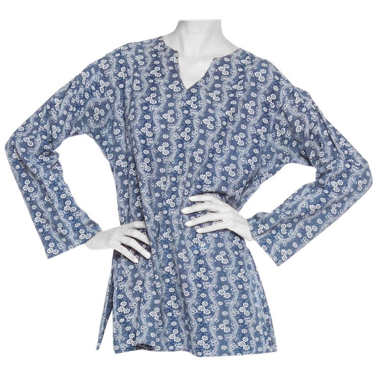 1920S Indigo Blue and White Organic Cotton Floral Print Tunic Top For ...
