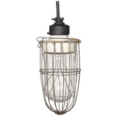 1920s Industrial Cage Pendant Light with Porcelain Fixture and Steel Cage