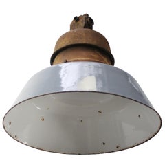 1920s Industrial Gray Blue Enamel Cast Iron Old Train Station Pendant Lights