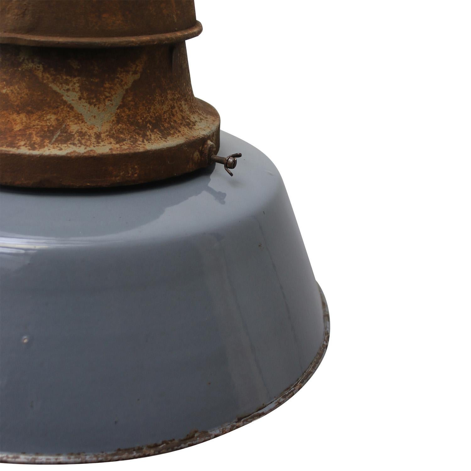 German 1920s Industrial Gray Blue Enamel Cast Iron Old Train Station Pendant Lights For Sale