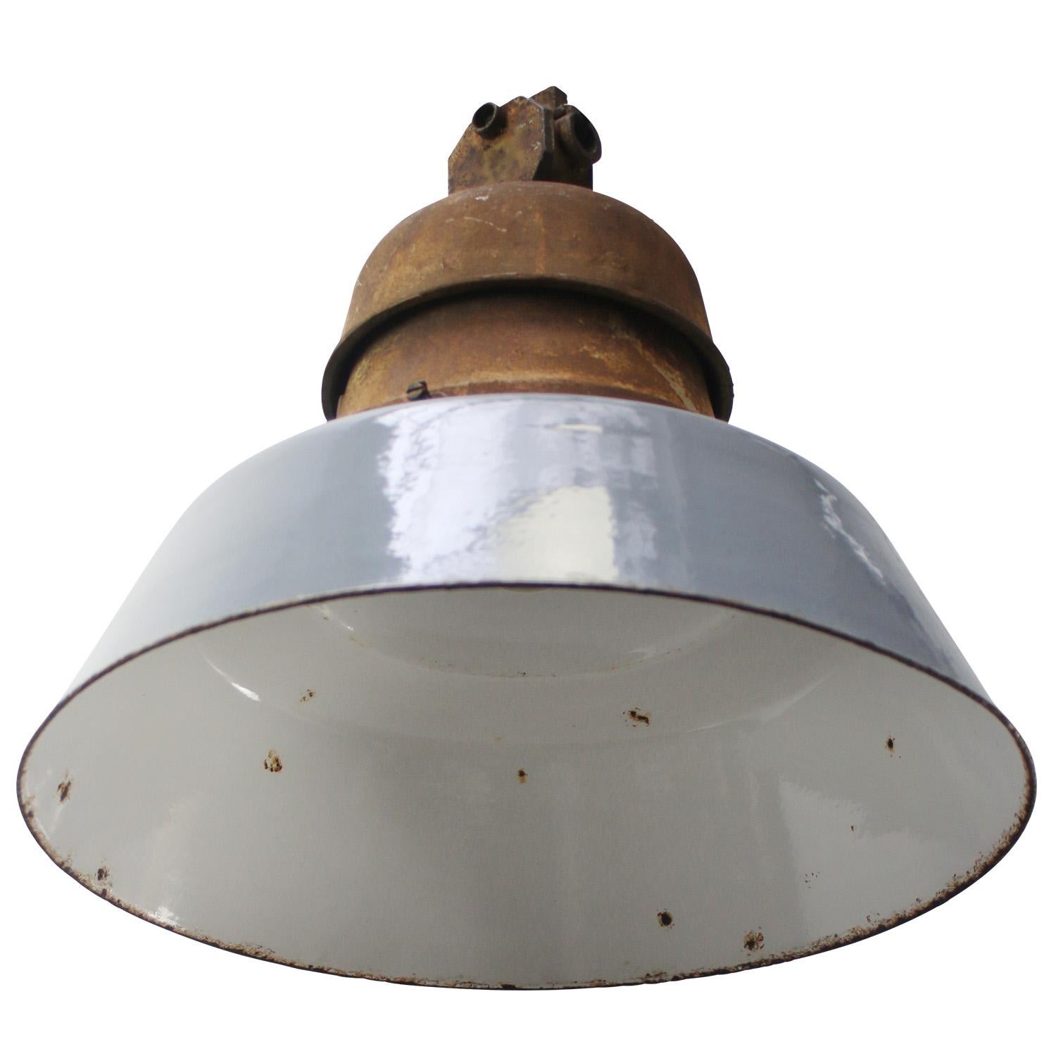 Early 20th Century 1920s Industrial Gray Blue Enamel Cast Iron Old Train Station Pendant Lights For Sale