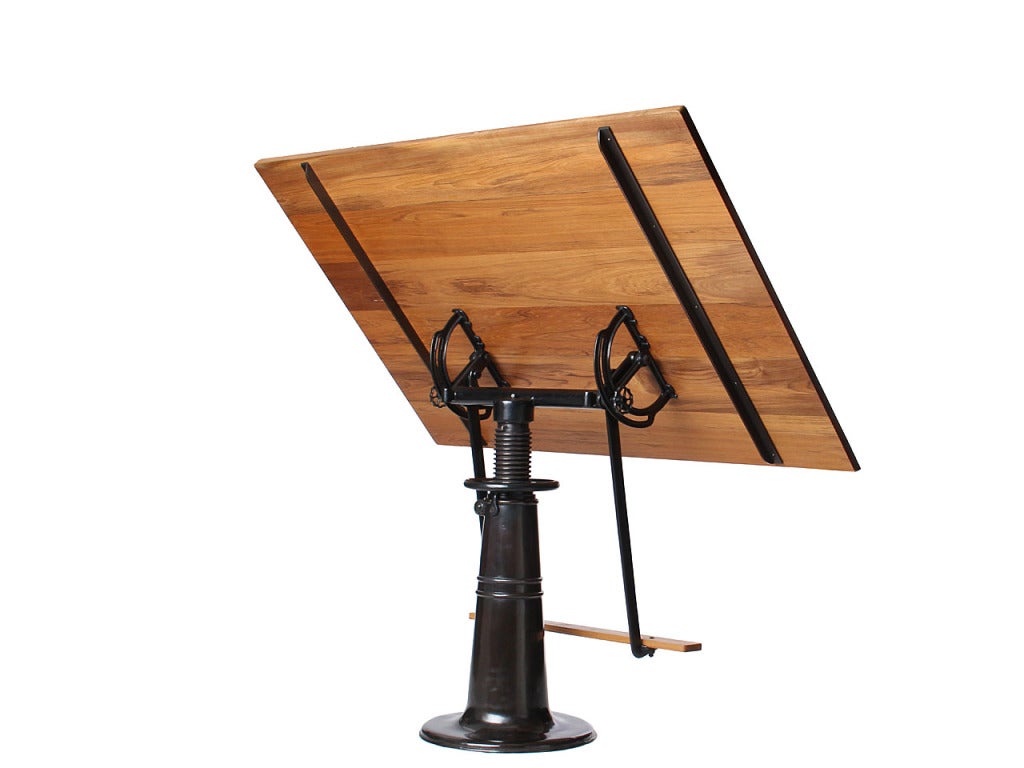 20th Century 1920s Industrial 'Hi-Low' Blackened Brass and Teak Drafting Table by FO Weydell