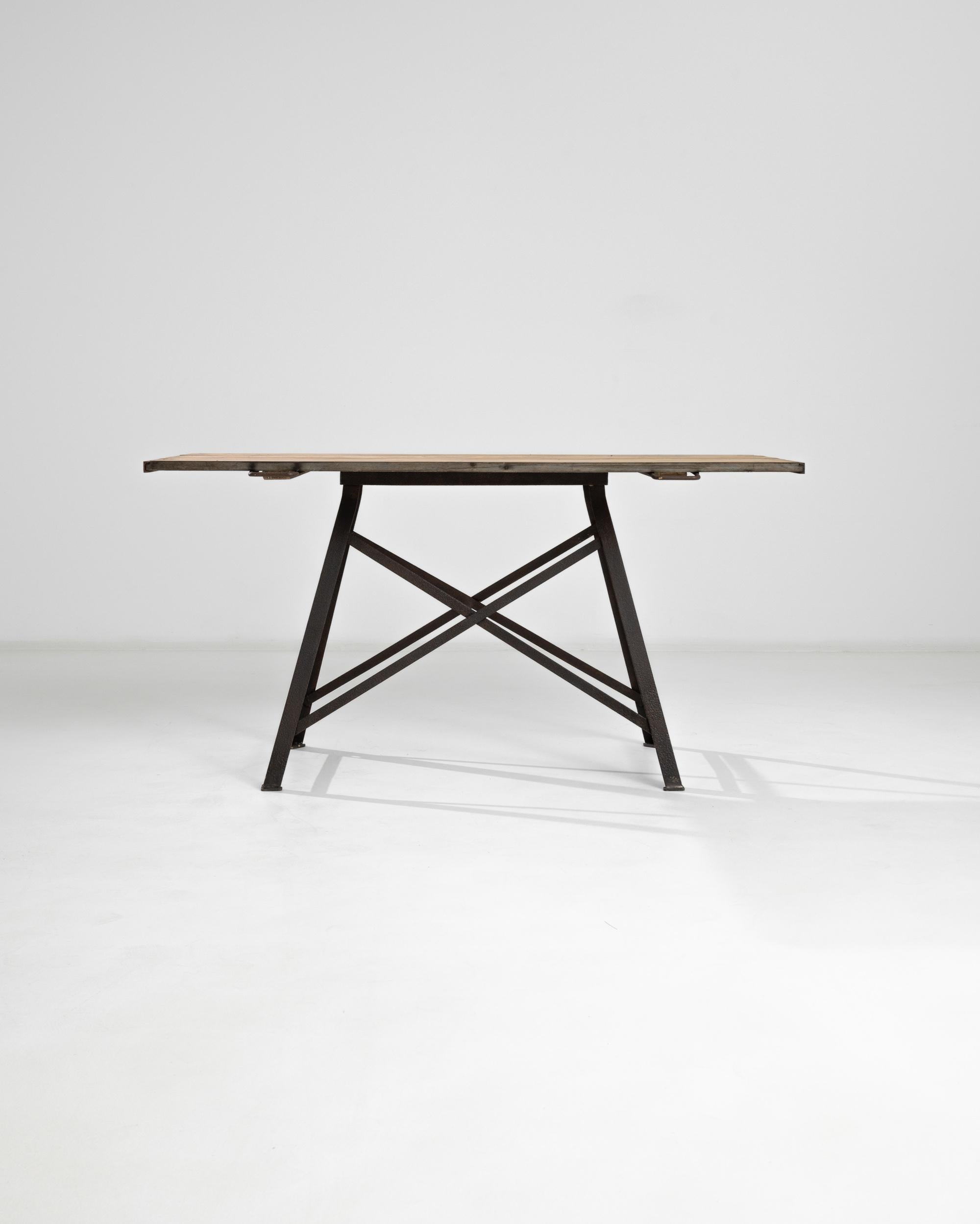 Early 20th Century 1920s, Industrial Metal Table with Wooden Top