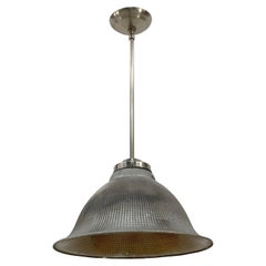 1920s Industrial Silvered Waffle Glass Pendant Light