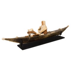 Vintage 1920s Inuit Tribe Model Miniature Wooden Kayak with Figure