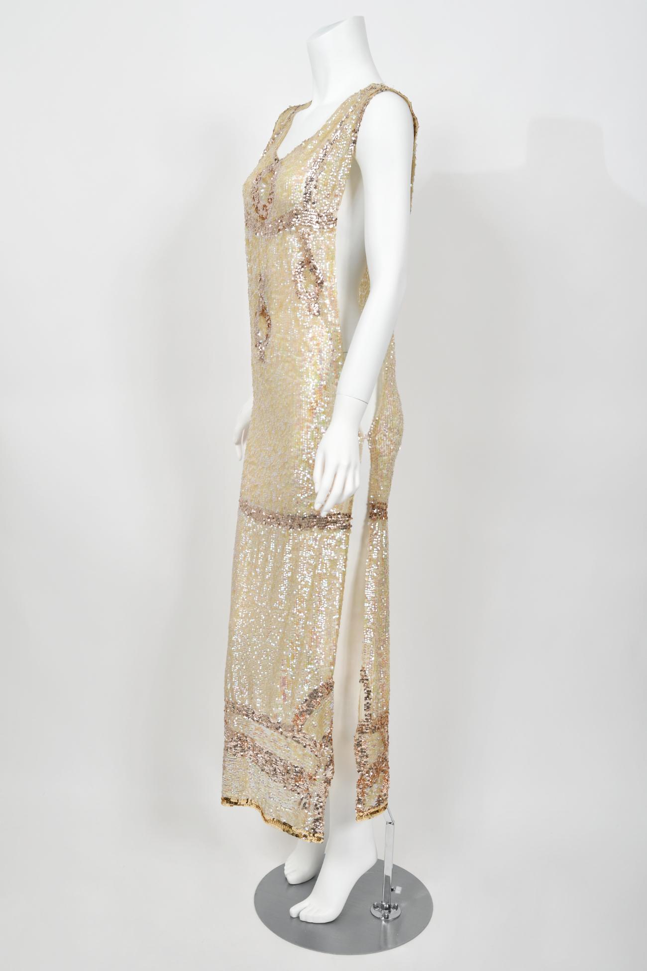 1920's Iridescent Ivory & Gold Beaded Sequin Sheer-Net Deco Tabard Flapper Dress 8
