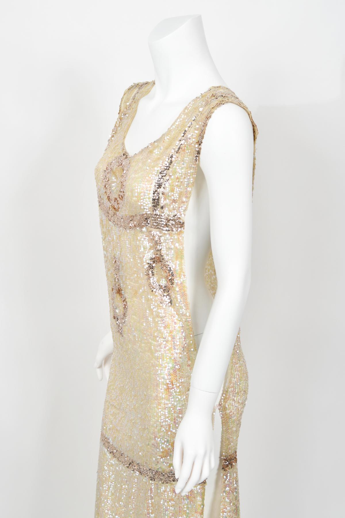 1920's Iridescent Ivory & Gold Beaded Sequin Sheer-Net Deco Tabard Flapper Dress 9