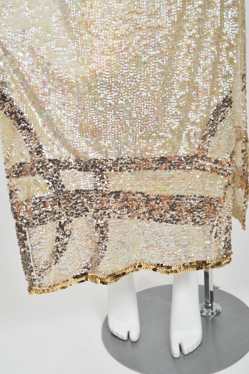 1920's Iridescent Ivory & Gold Beaded Sequin Sheer-Net Deco Tabard Flapper Dress 10