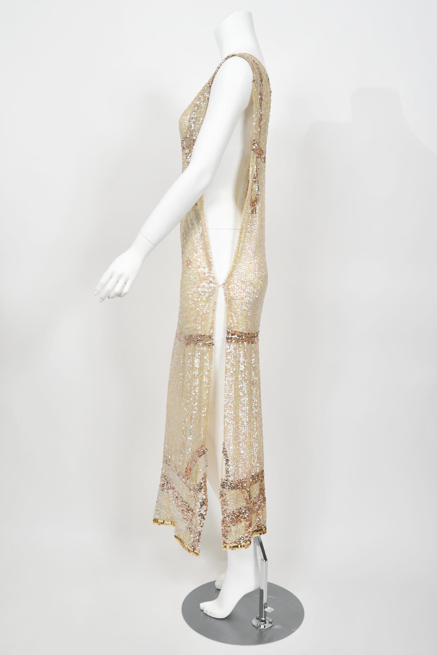 1920's Iridescent Ivory & Gold Beaded Sequin Sheer-Net Deco Tabard Flapper Dress 11