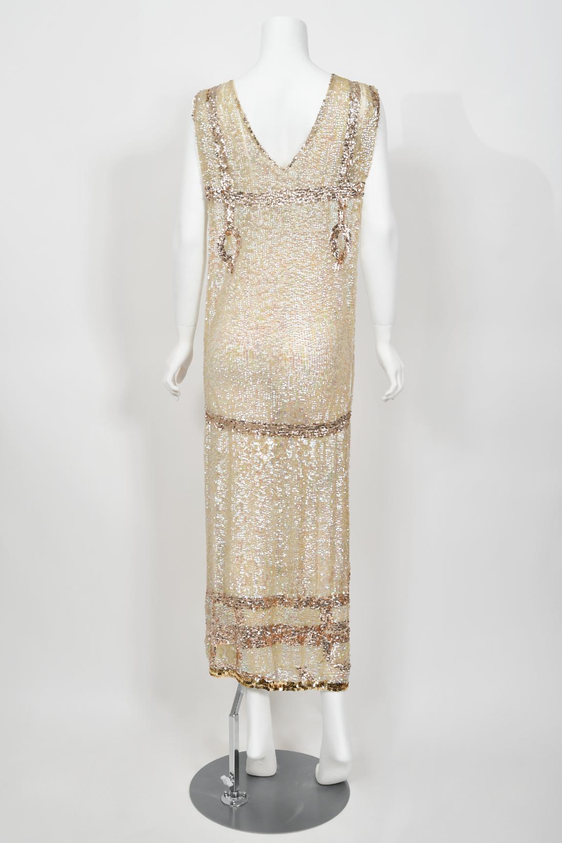 1920's Iridescent Ivory & Gold Beaded Sequin Sheer-Net Deco Tabard Flapper Dress 12