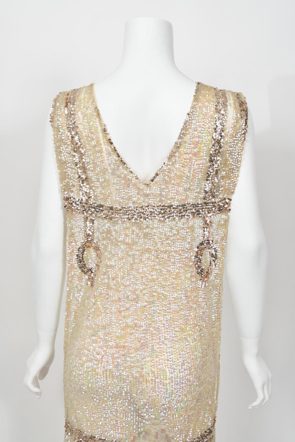 1920's Iridescent Ivory & Gold Beaded Sequin Sheer-Net Deco Tabard Flapper Dress 13