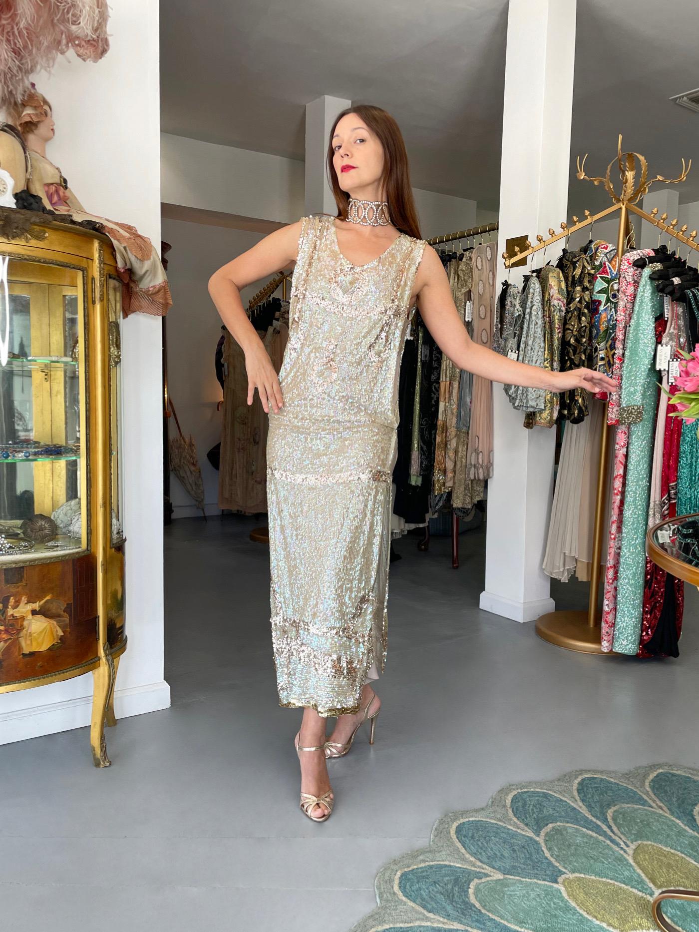1920's Iridescent Ivory & Gold Beaded Sequin Sheer-Net Deco Tabard Flapper Dress 14