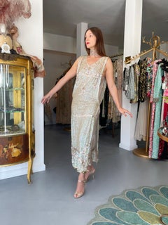 1920's Iridescent Ivory & Gold Beaded Sequin Sheer-Net Deco Tabard Flapper Dress