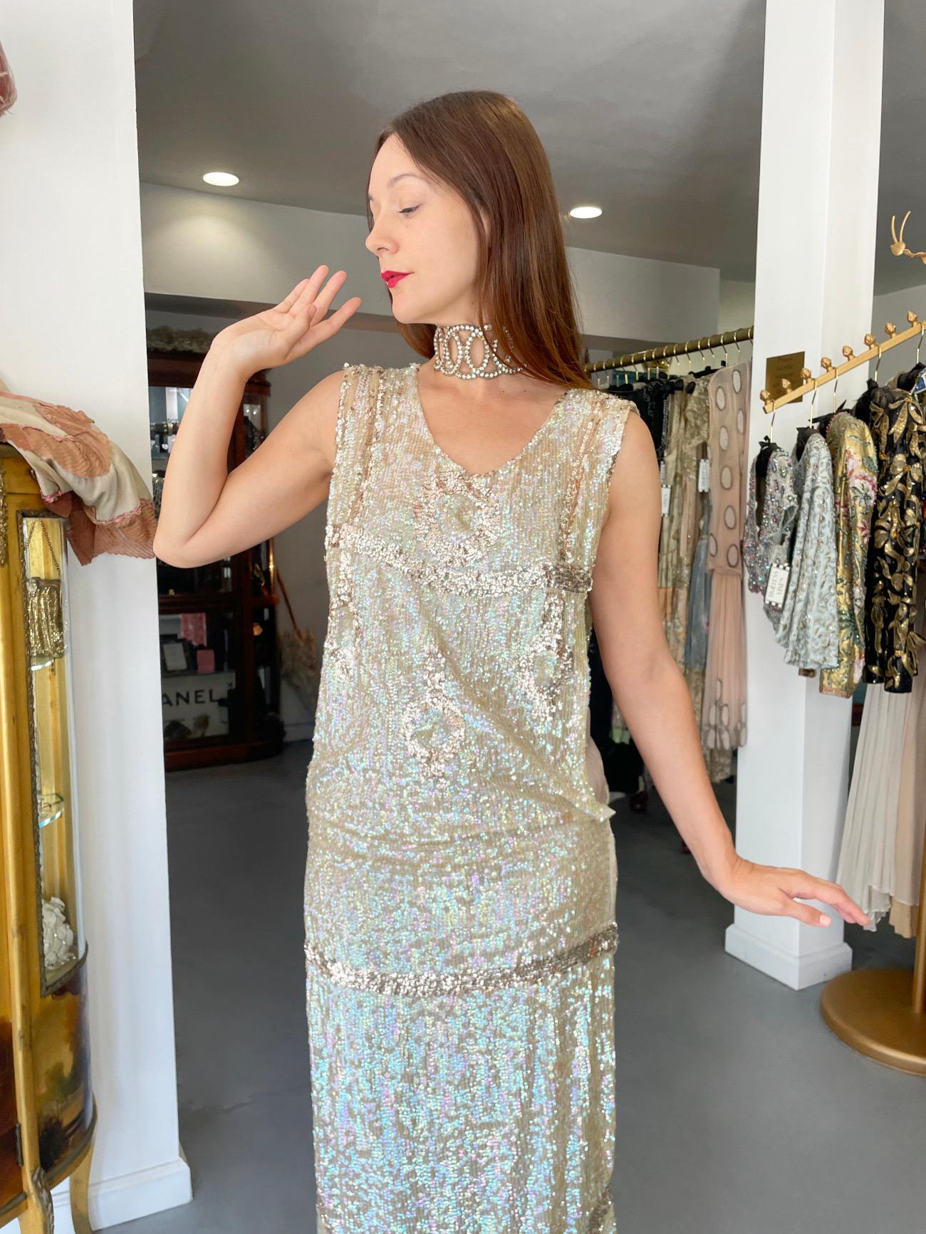 1920's Iridescent Ivory & Gold Beaded Sequin Sheer-Net Deco Tabard Flapper Dress In Good Condition In Beverly Hills, CA