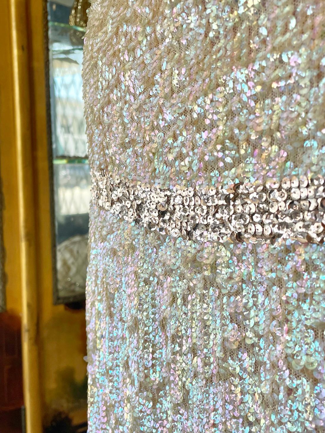 1920's Iridescent Ivory & Gold Beaded Sequin Sheer-Net Deco Tabard Flapper Dress 1