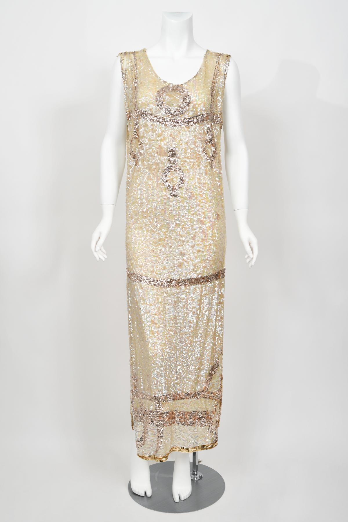 1920's Iridescent Ivory & Gold Beaded Sequin Sheer-Net Deco Tabard Flapper Dress 3