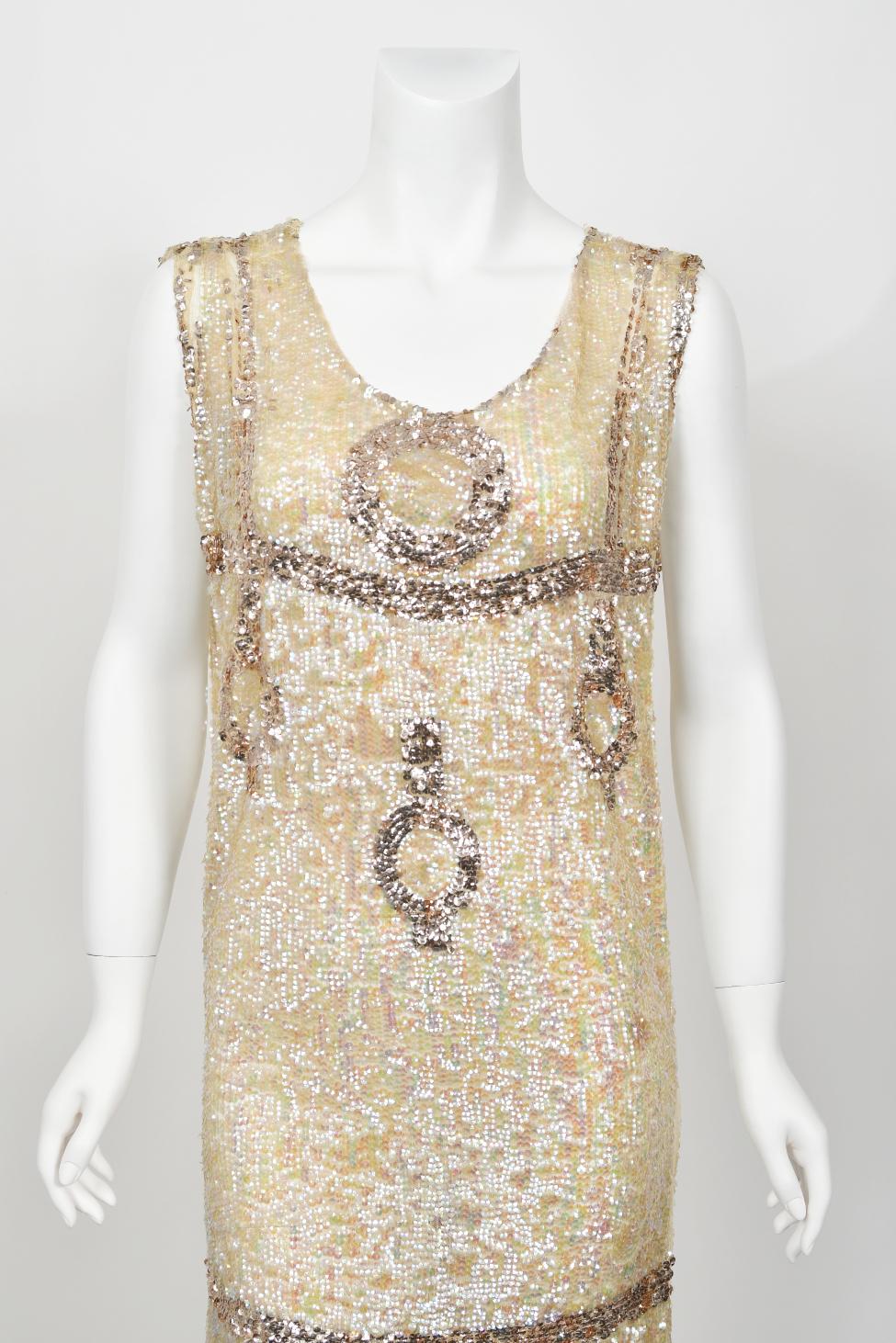 1920's Iridescent Ivory & Gold Beaded Sequin Sheer-Net Deco Tabard Flapper Dress 4