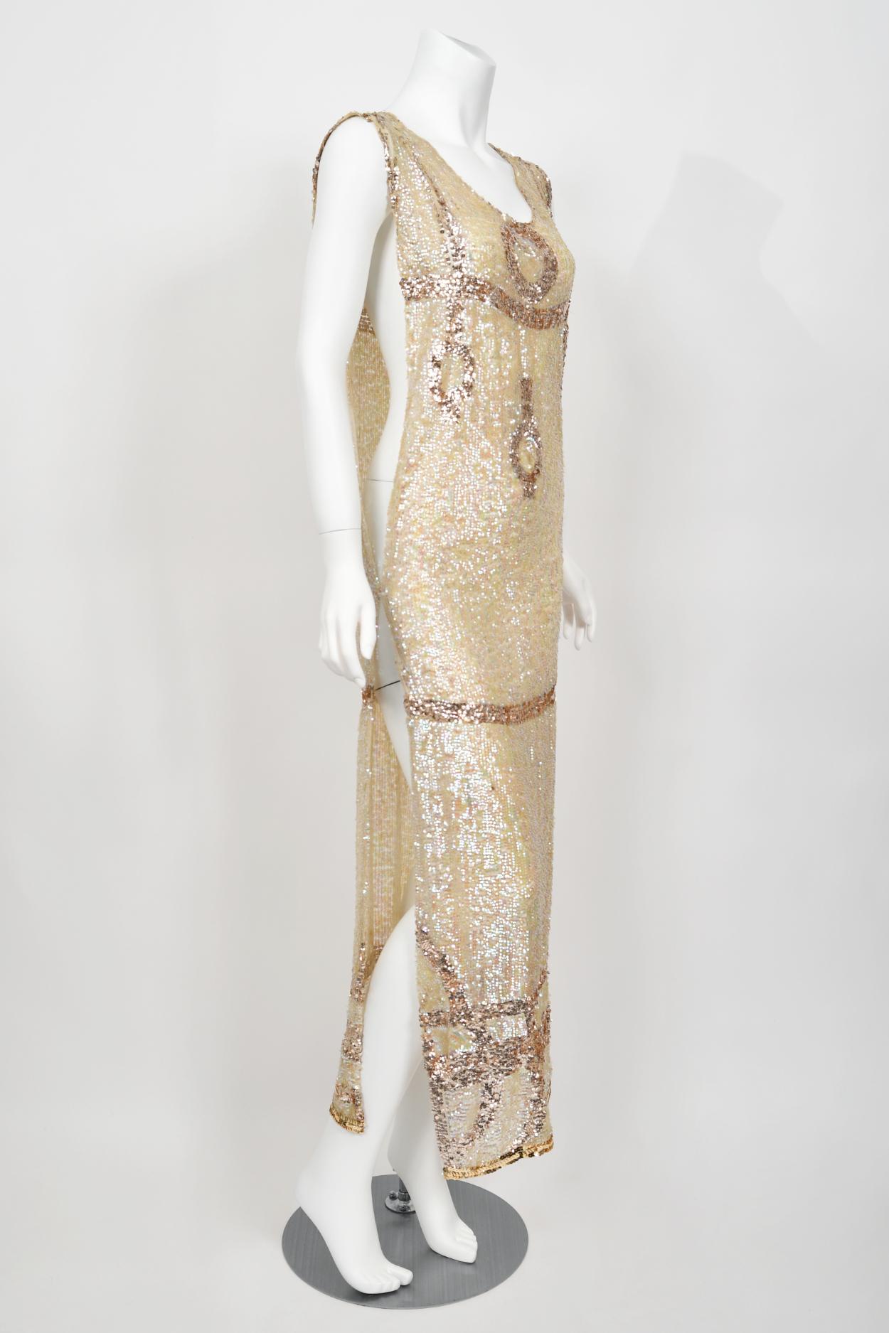 1920's Iridescent Ivory & Gold Beaded Sequin Sheer-Net Deco Tabard Flapper Dress 5
