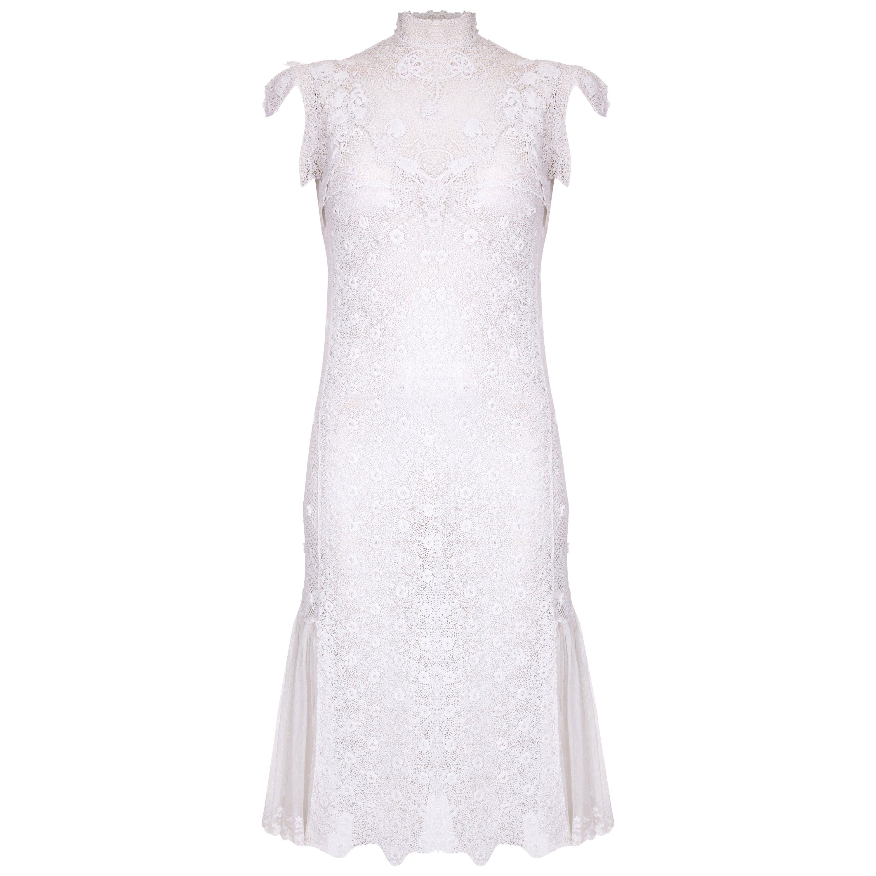 1920s White Handmade Irish Crochet Lace Bridal Dress For Sale