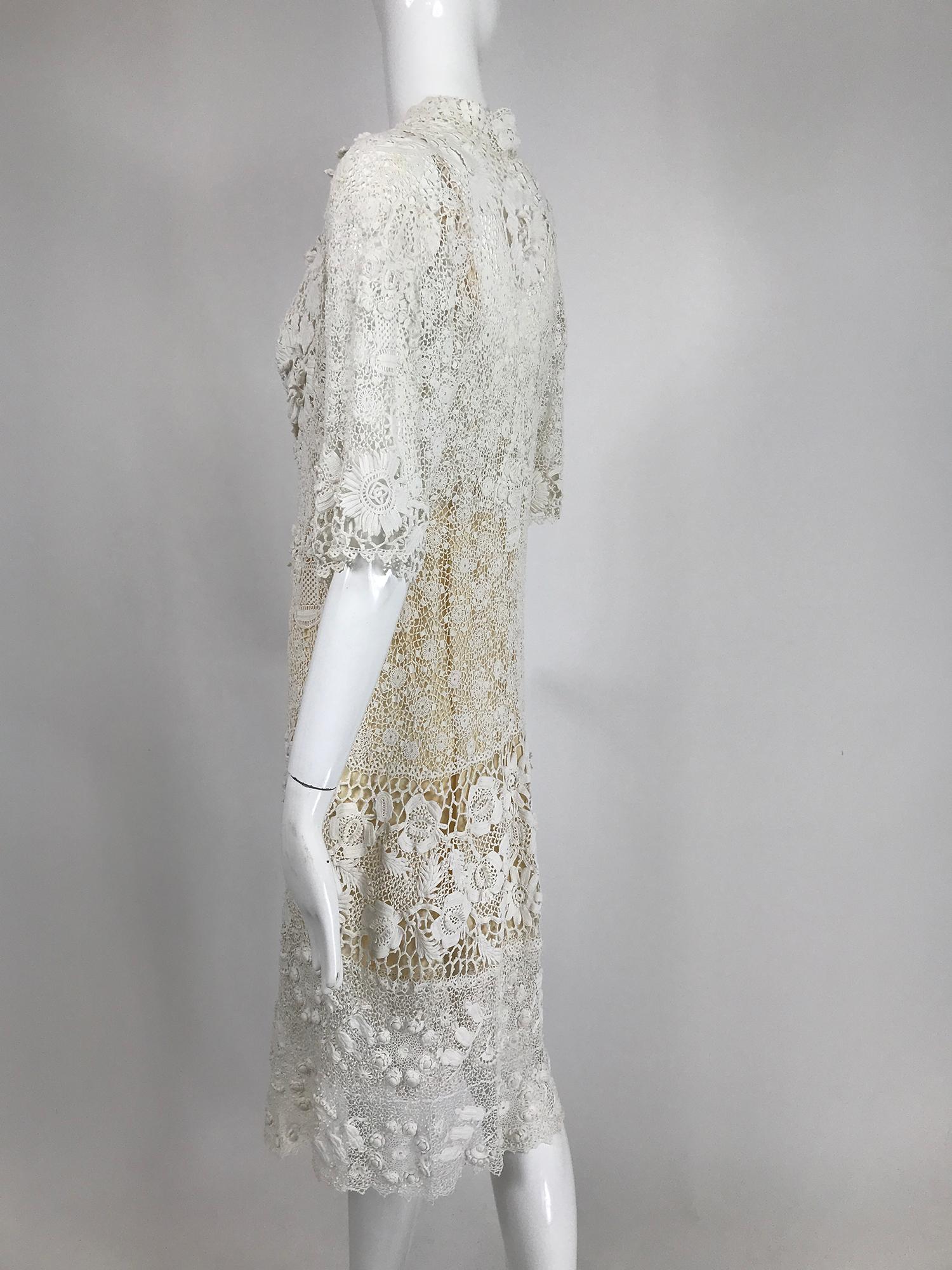 Gray 1920s Irish Lace Hand Crocheted Wedding Dress Day Dress Set