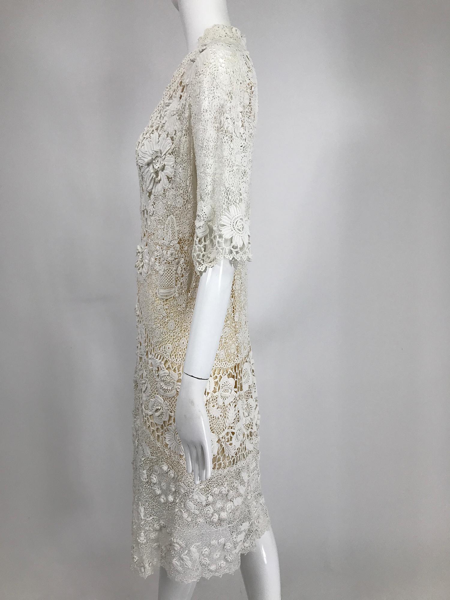 1920s Irish Lace Hand Crocheted Wedding Dress Day Dress Set In Good Condition In West Palm Beach, FL
