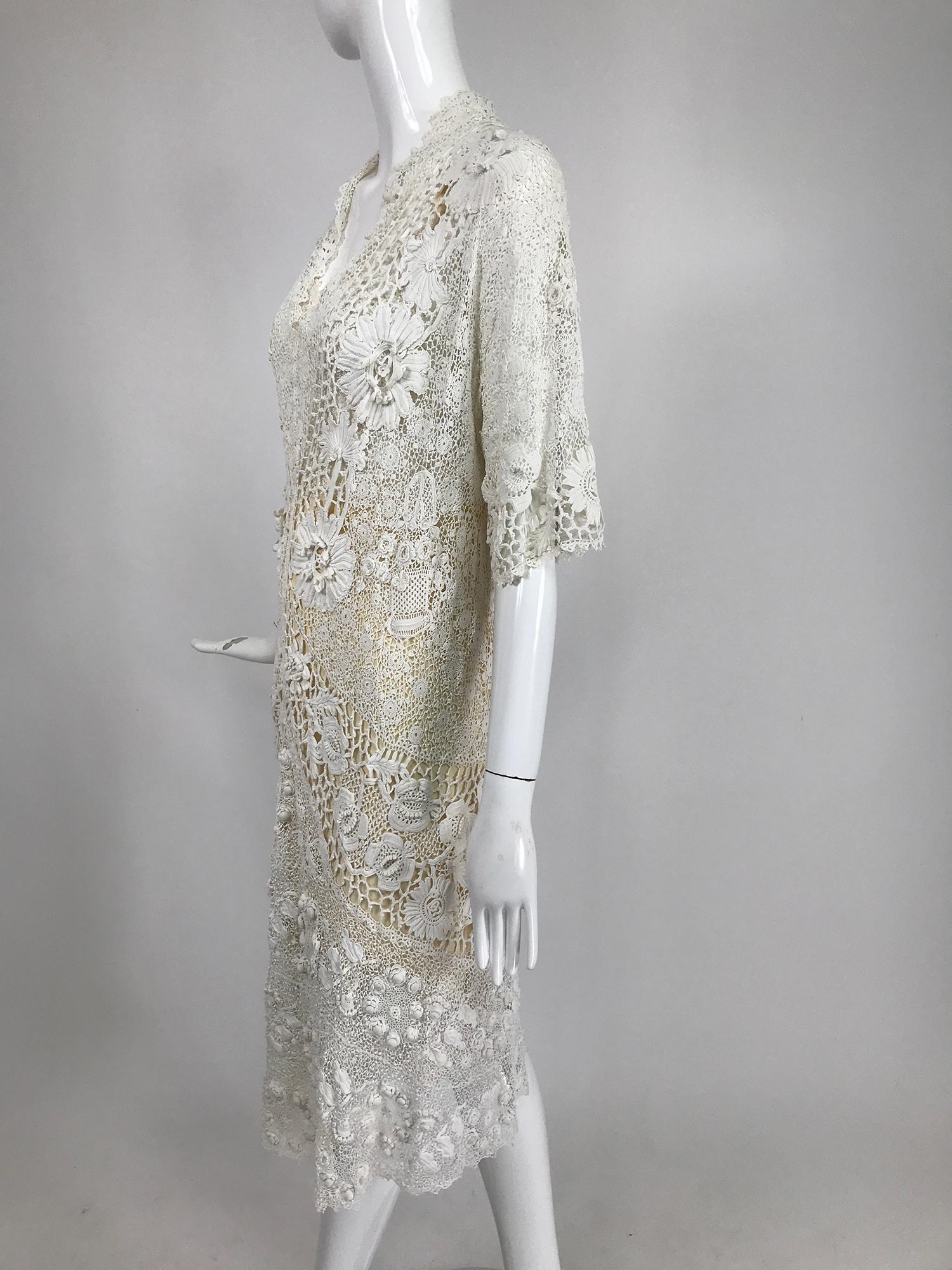 Women's 1920s Irish Lace Hand Crocheted Wedding Dress Day Dress Set