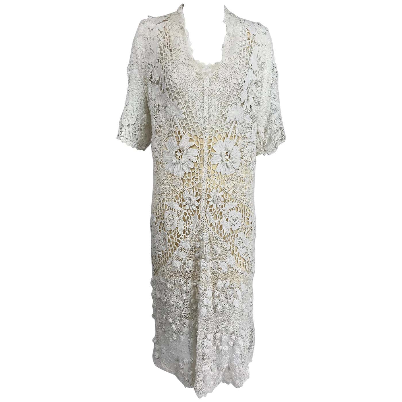 1920s Irish Lace Hand Crocheted Wedding Dress Day Dress Set For Sale at ...