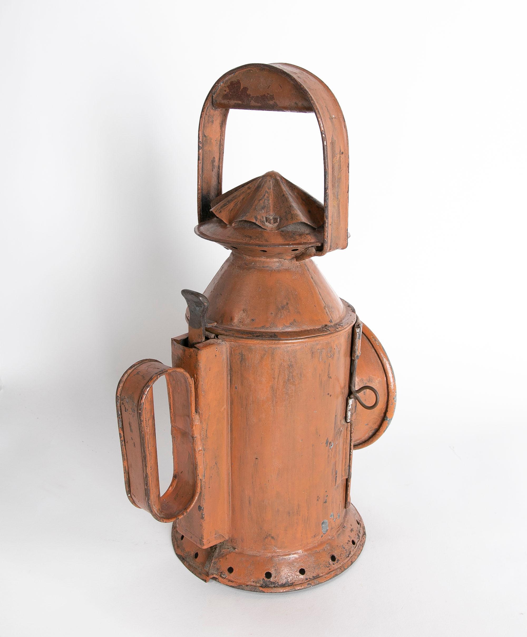European 1920s Iron Hand Lantern with Glass Painted in Red Tone For Sale
