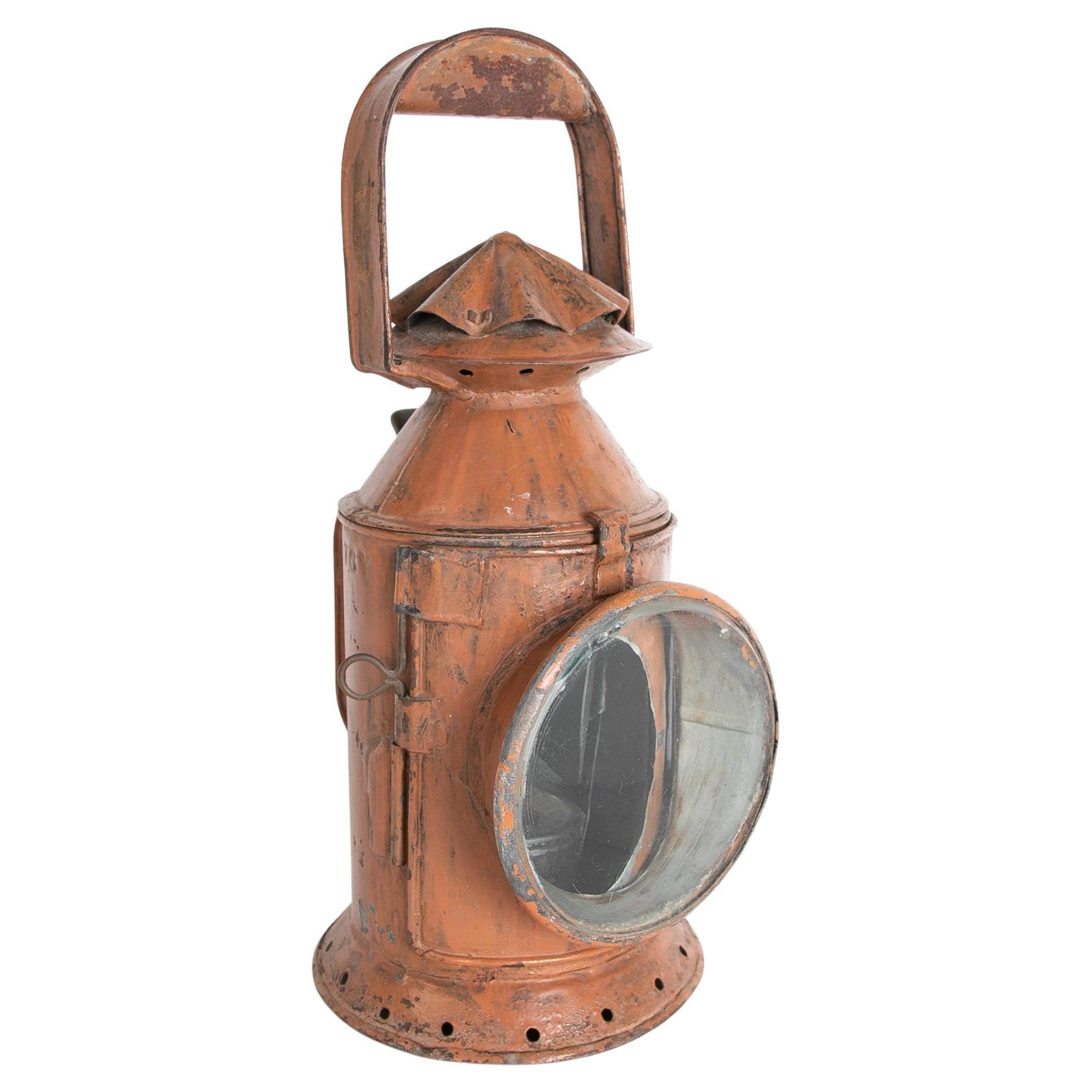 1920s Iron Hand Lantern with Glass Painted in Red Tone For Sale