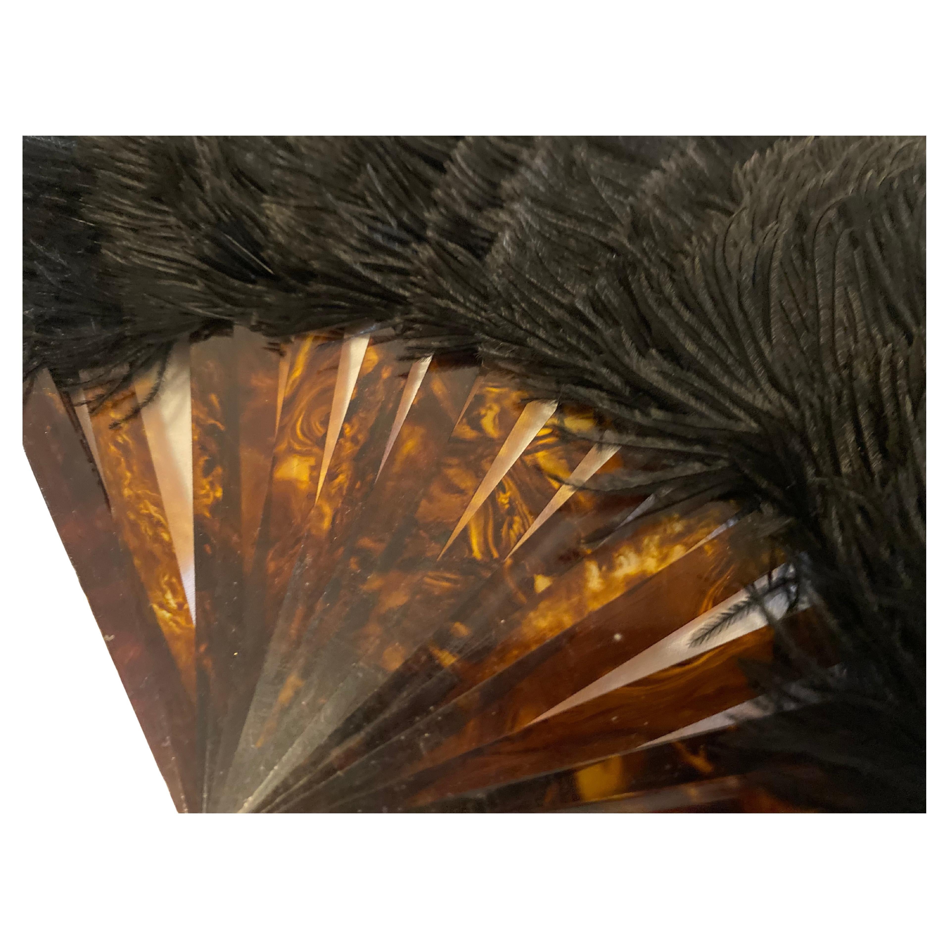 black ostrich feather fan from the early 20th century, with rich plumes and faux tortoiseshell cellulose staves. Elegant and theatrical, it evokes the glamour of Edwardian ballrooms and Art Deco cabarets, crafted with hand-tied feathers and a