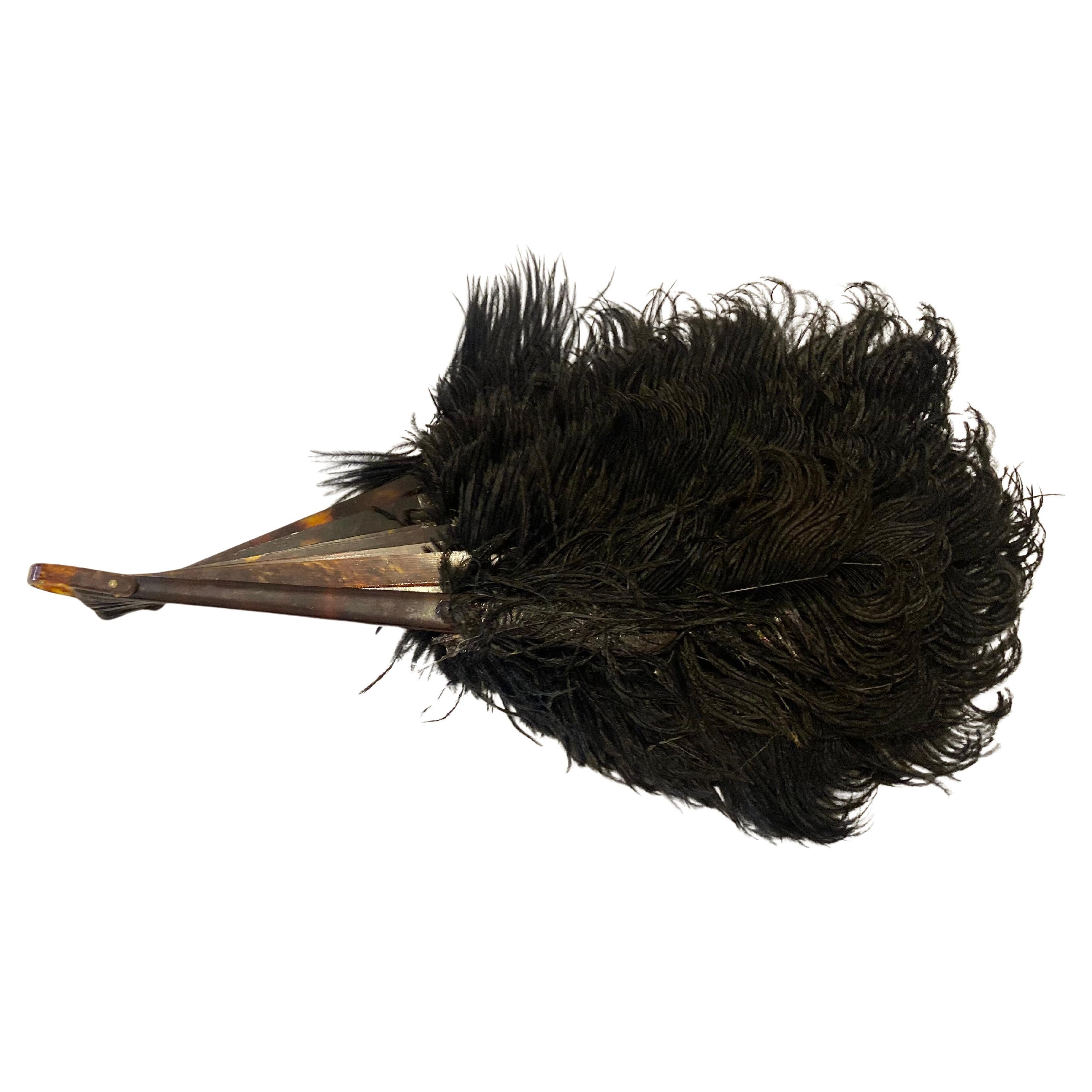 Black 1920s Italian Art Deco Feather Fan with Faux Tortoiseshell Staves For Sale