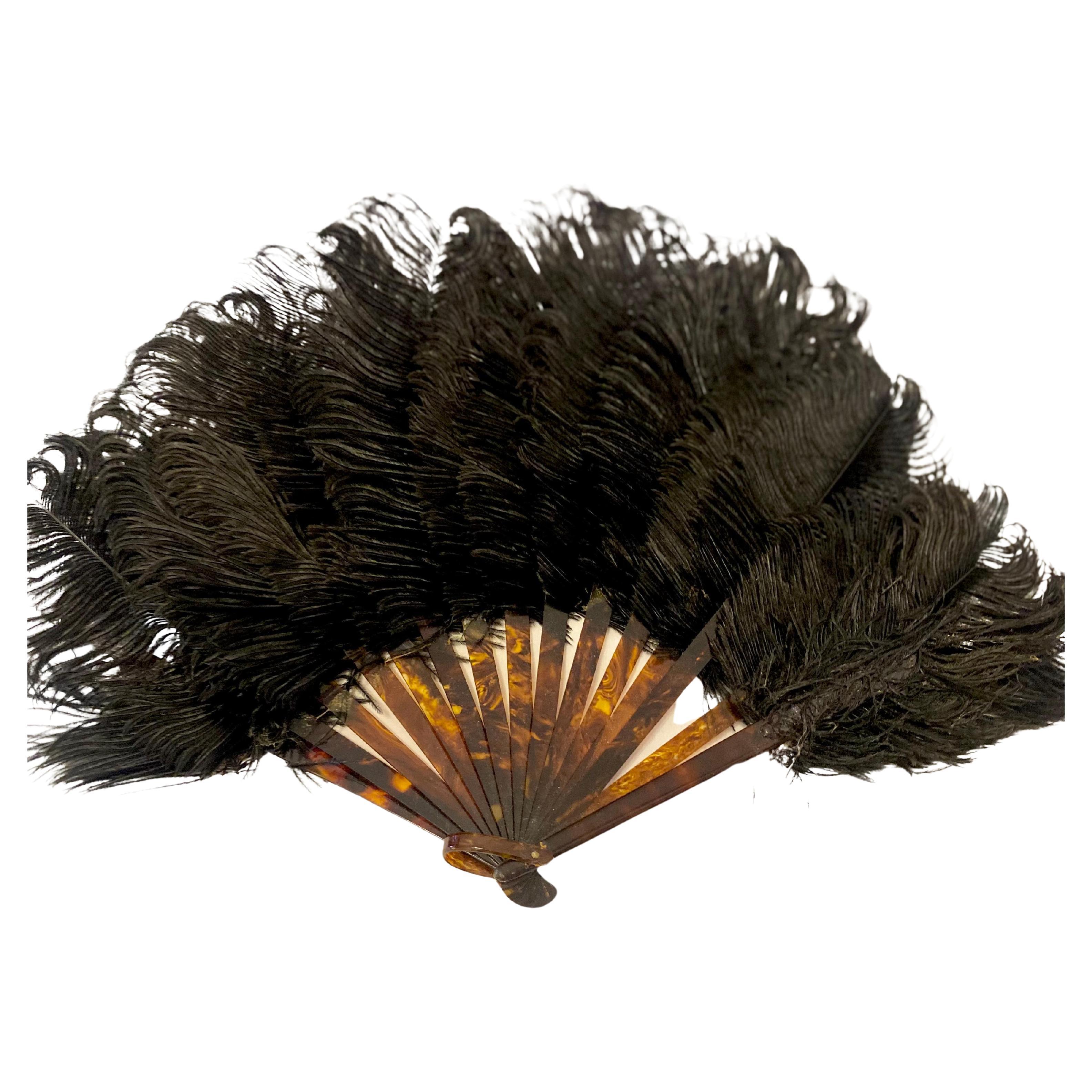 1920s Italian Art Deco Feather Fan with Faux Tortoiseshell Staves For Sale