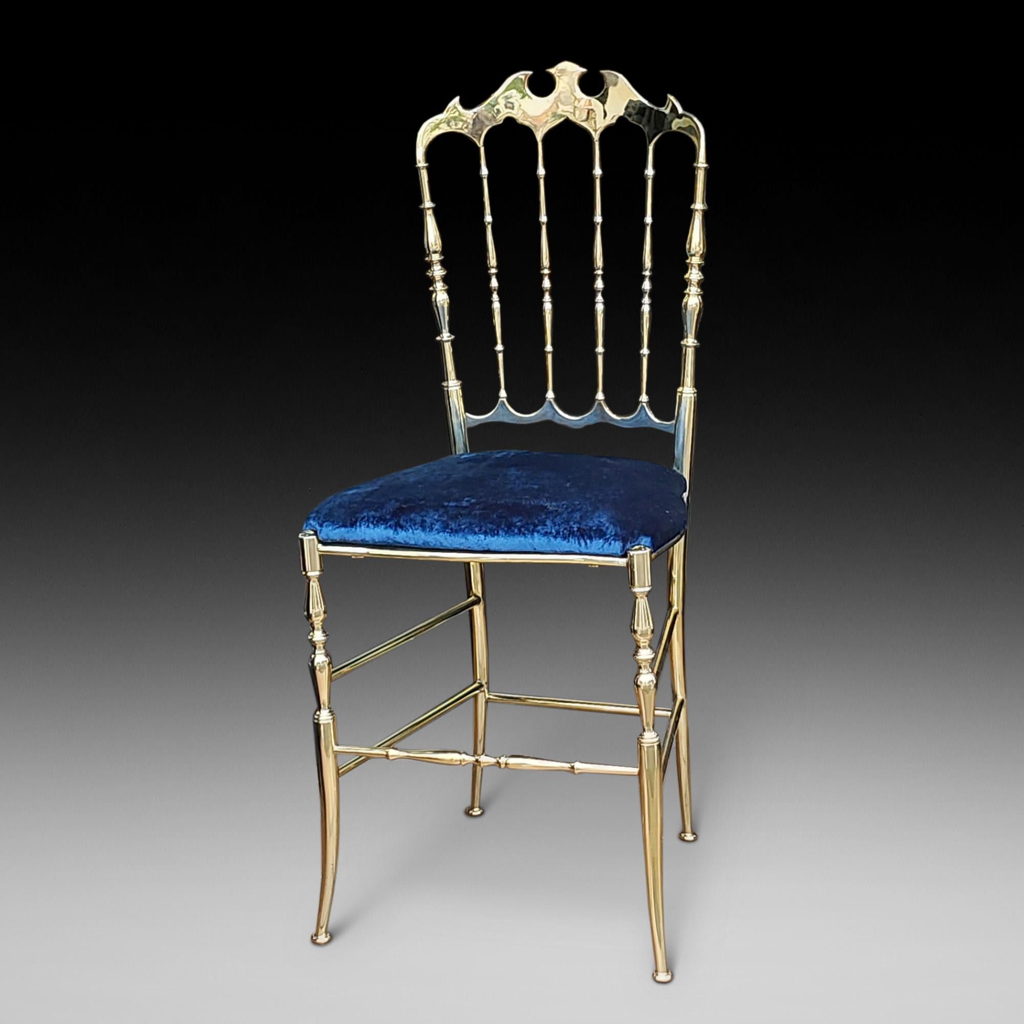 1920's Italian brass salon chair with plush blue velvet upholstery - 16