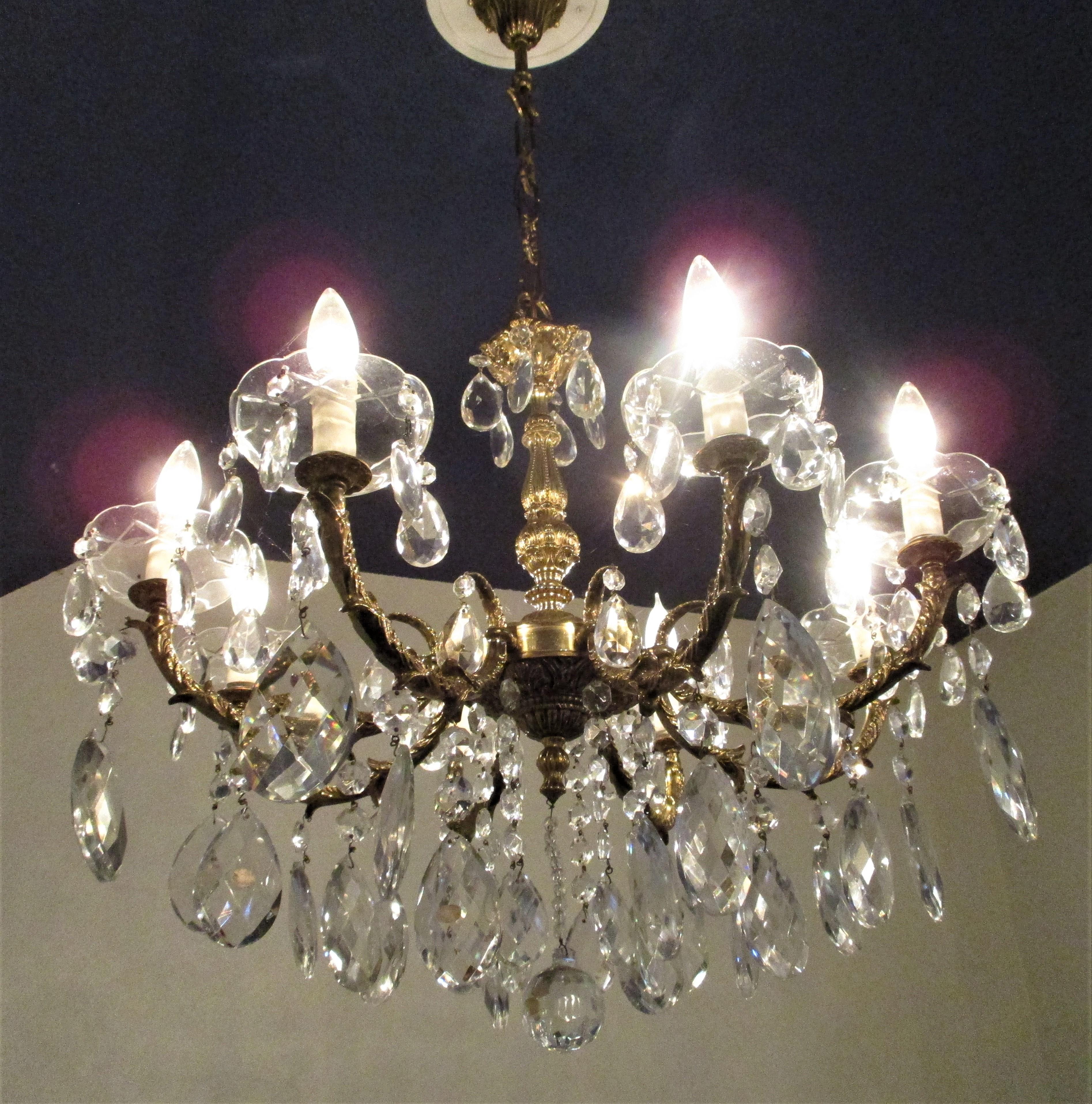 Italian, Portofino 1920s Chandelier with Large Czechoslvakian Crystals In Good Condition For Sale In Oregon, OR