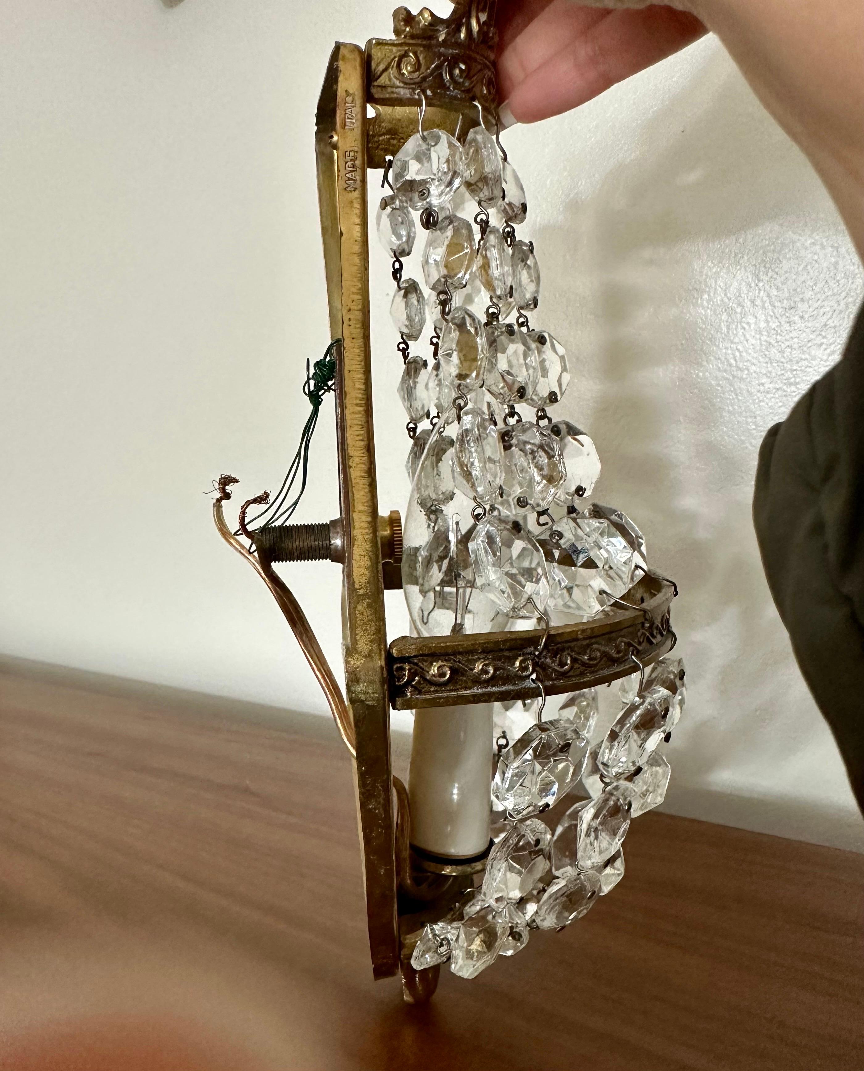 1920s Italian Empire Style Brass & Crystal Wall Sconces - a Pair For Sale 6