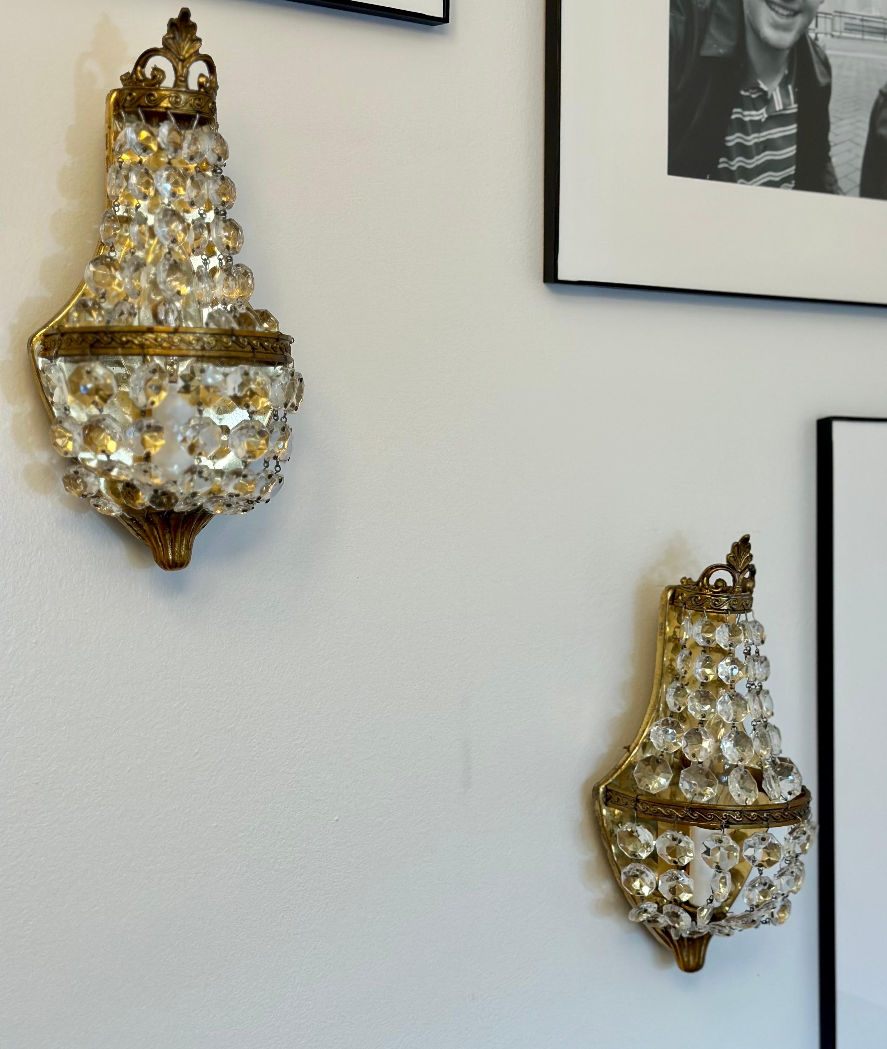 1920s Italian Empire Style Brass & Crystal Wall Sconces - a Pair In Good Condition For Sale In Farmington Hills, MI