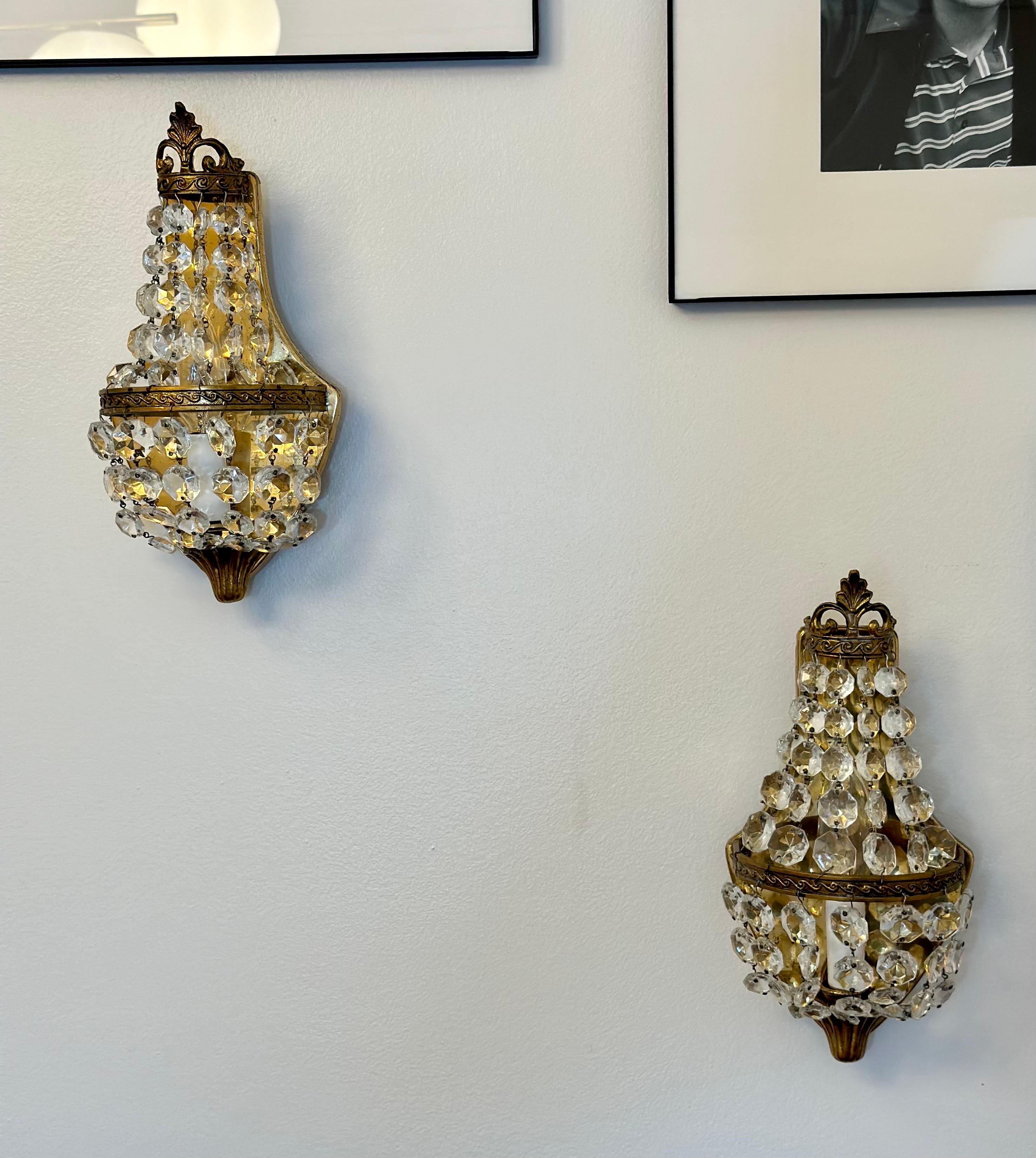 Early 20th Century 1920s Italian Empire Style Brass & Crystal Wall Sconces - a Pair For Sale