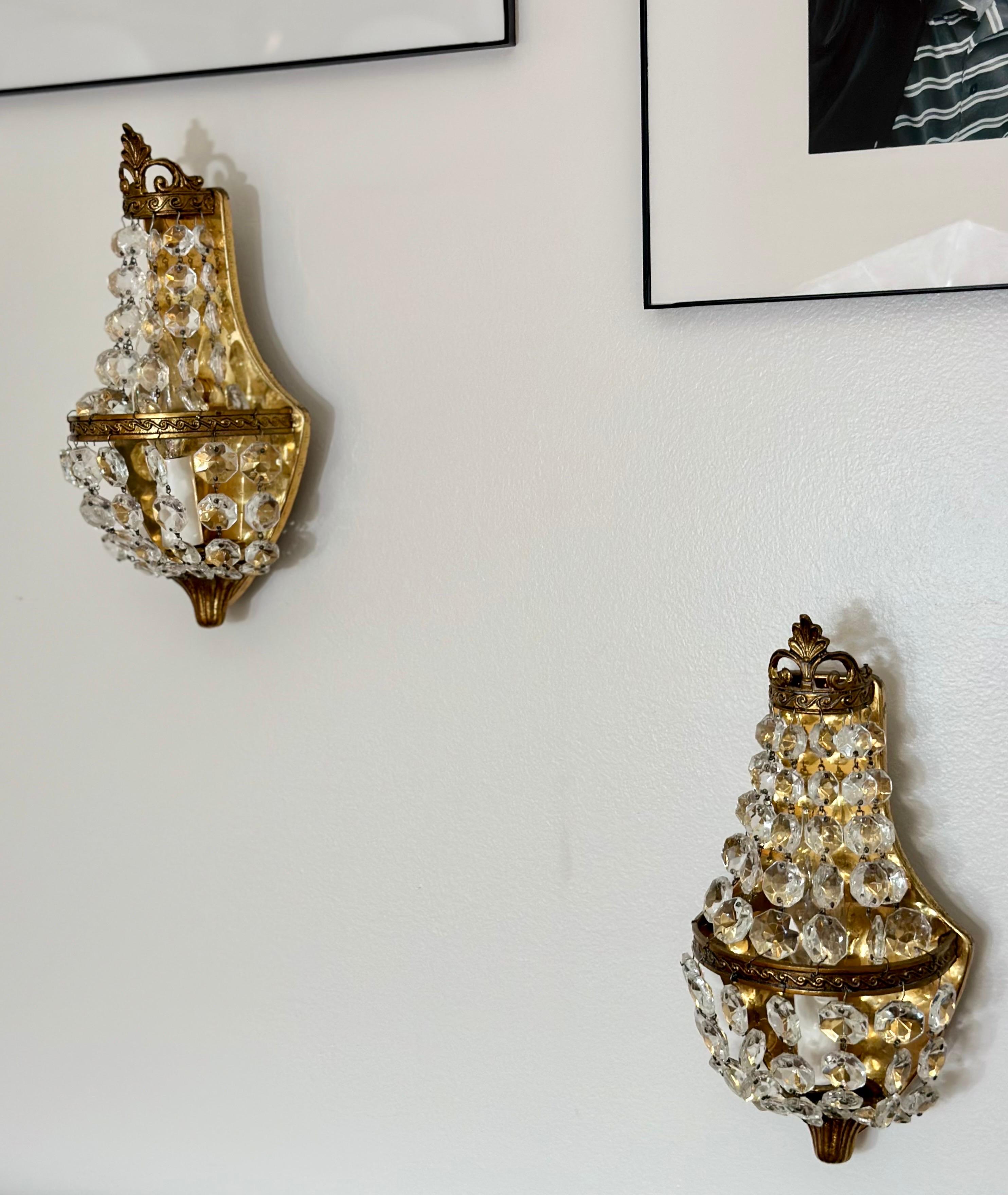 Glass 1920s Italian Empire Style Brass & Crystal Wall Sconces - a Pair For Sale