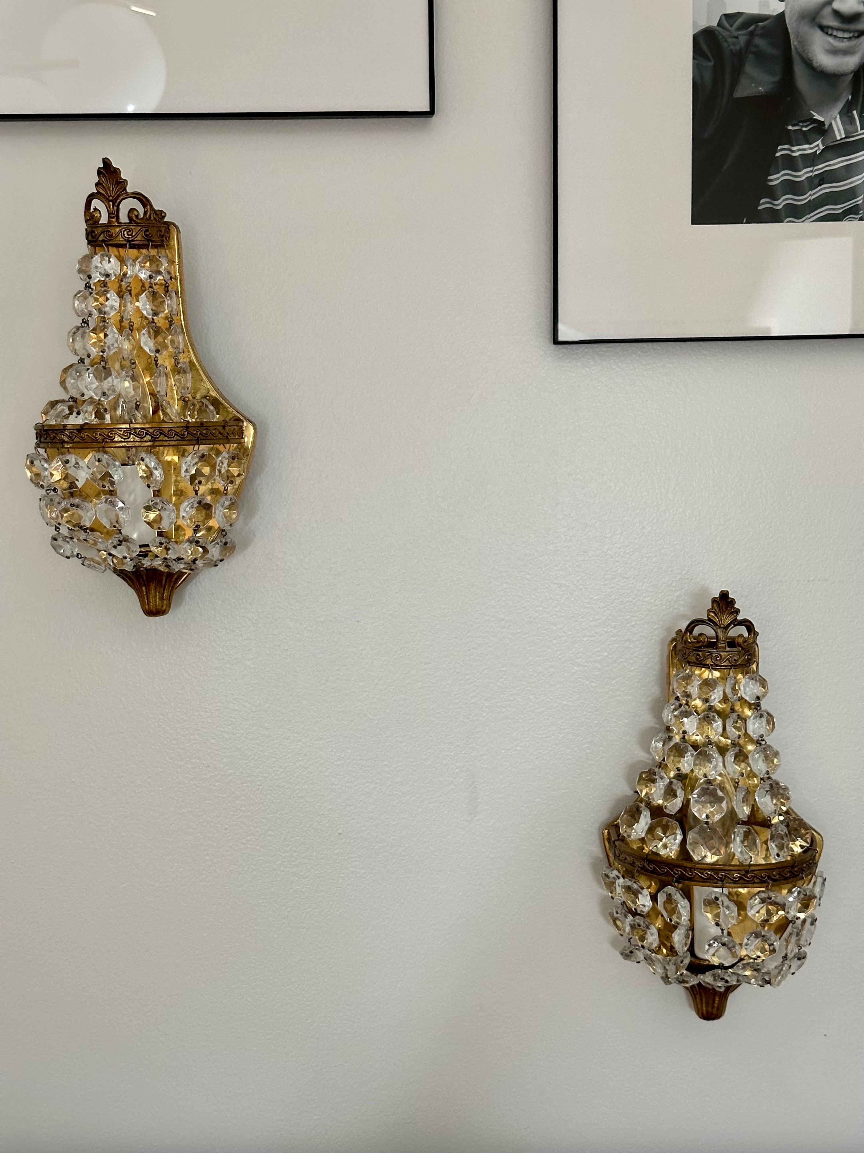 1920s Italian Empire Style Brass & Crystal Wall Sconces - a Pair For Sale 1