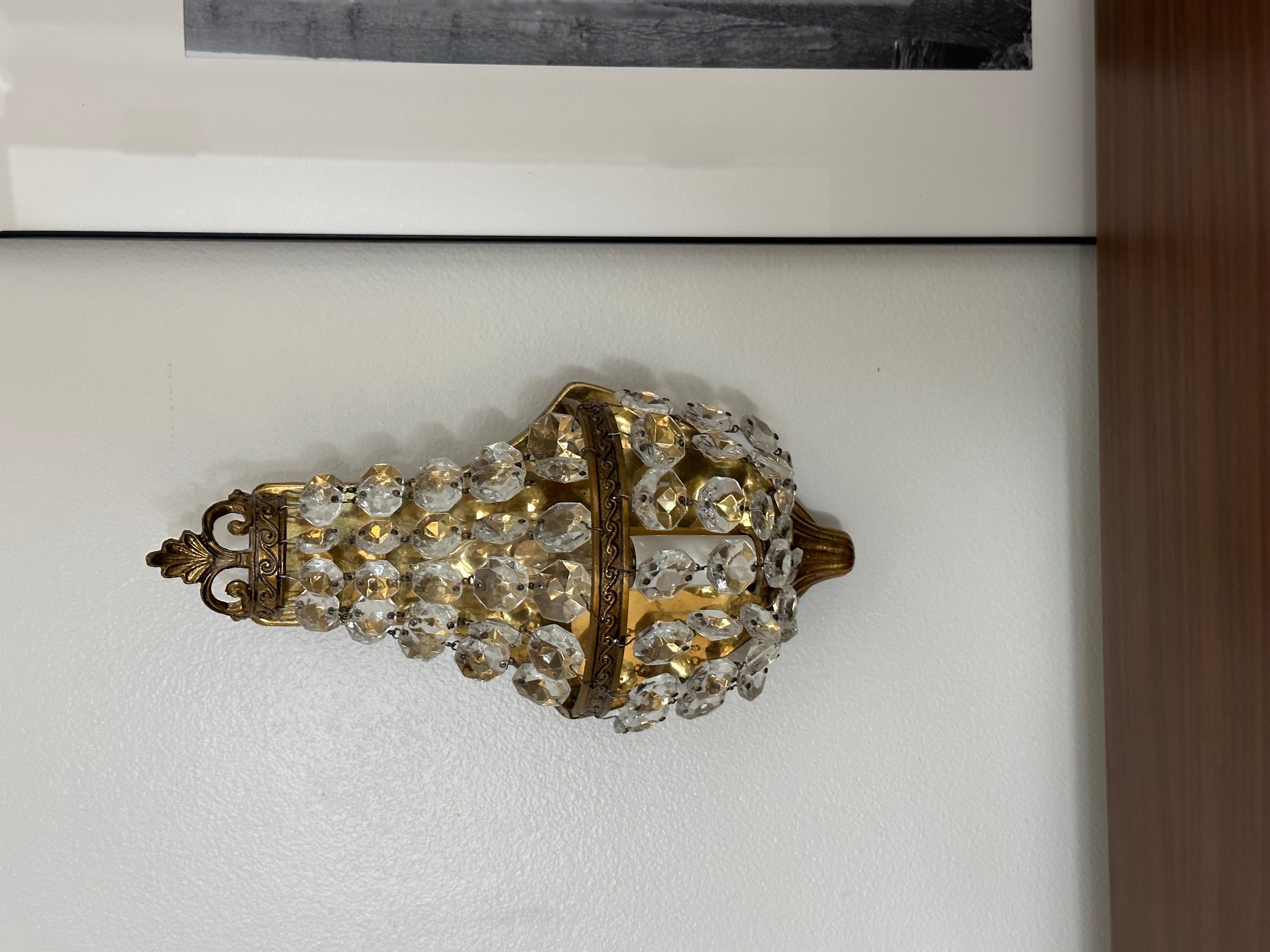 1920s Italian Empire Style Brass & Crystal Wall Sconces - a Pair For Sale 2